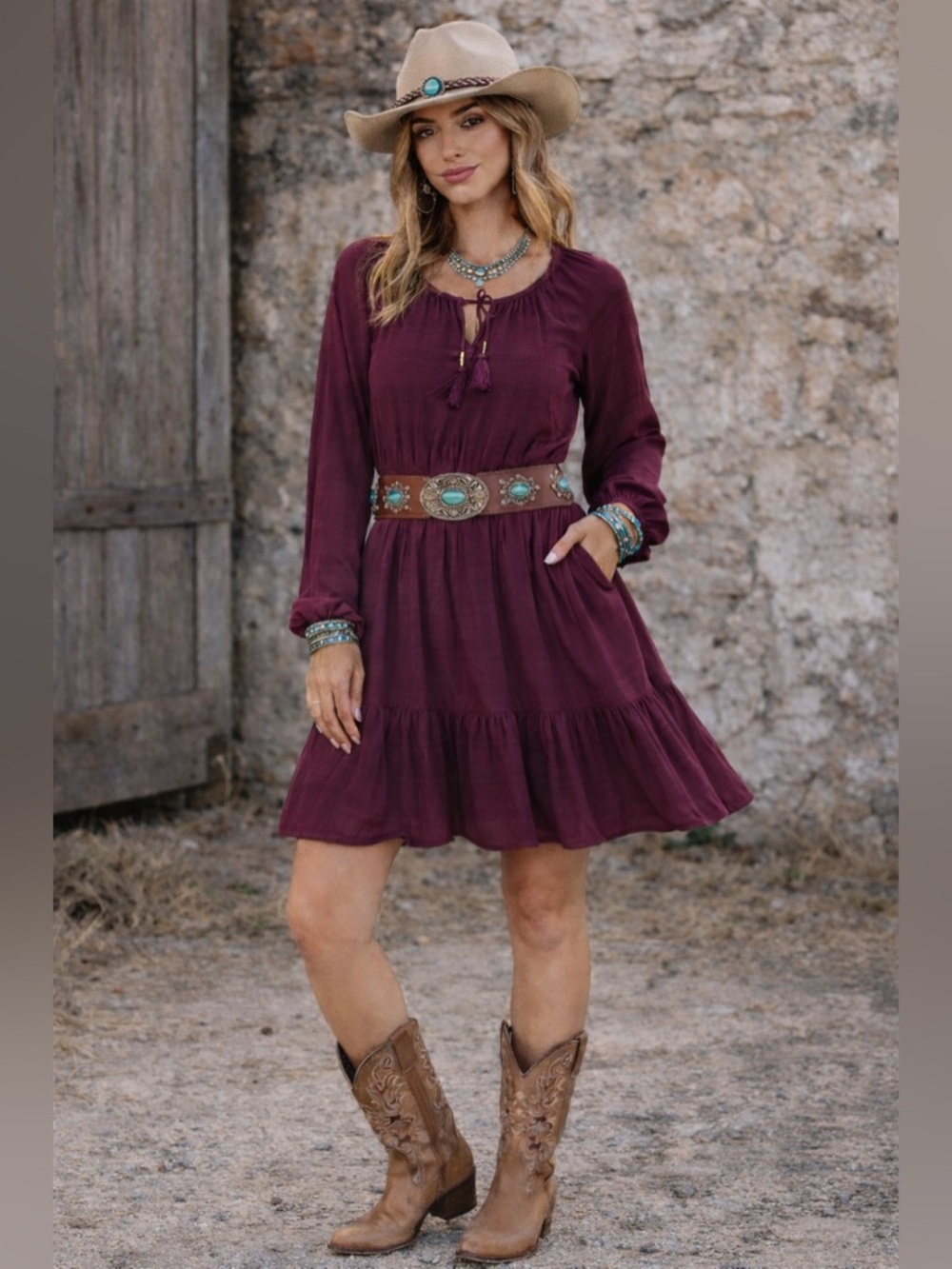 Idyllwind Western Boho Peasant Mini‎ Dress Burgundy Tassel Tie | Size M